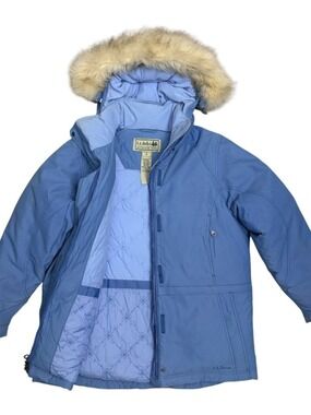 LL Bean Goose Down Coat Winter Faux Fur Vintage Blue Parka Jacket Womens Medium
